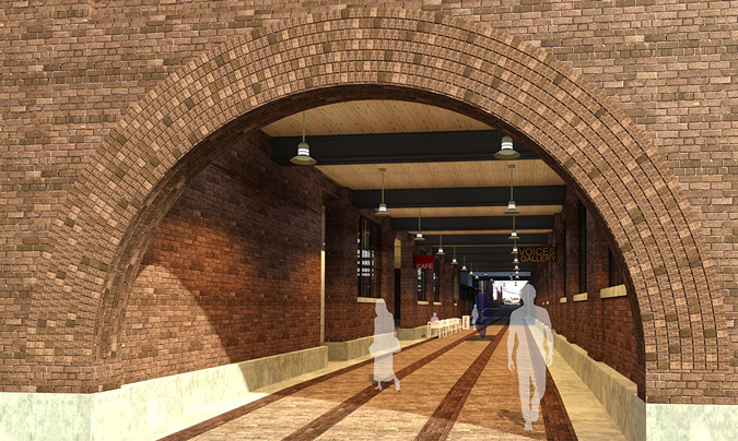 Architectural rendering of the proposed public walkway looking north from 10th Street: In addition to credit union operations, the building’s first and second floors could feature a mix of retail, entertainment, and community space. Plans include opening up a public walkway through the building that would connect 11th and 10th Streets, and align with the Caradco Courtyard’s access to 9th Street.