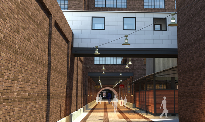 Architectural rendering of proposed public walkway looking south from 11th Street: In addition to credit union operations, the building’s first and second floors could feature a mix of retail, entertainment, and community space. Plans include opening up a public walkway through the building that would connect 11th and 10th Streets, and align with the Caradco Courtyard’s access to 9th Street.
