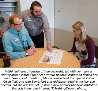 Within minutes of driving off the dealership lot with her new car, Lindsey Mason learned that her previous financial institution denied her loan. Feeling out of options, Mason reached out to Dupaco’s Collin Olson (left) and Jake Bemis. Not only did Mason receive the loan she needed, but she also was set up with a new primary financial institution that acts in her best interest. (T. Rushing/Dupaco photo)